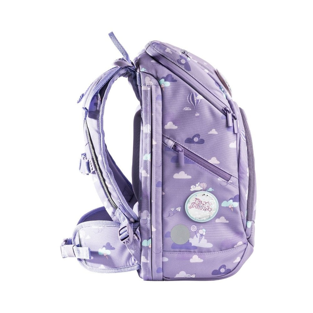 FRII OF NORWAY school backpack, lavender purple 20-25L with cloud pattern and logo badge
