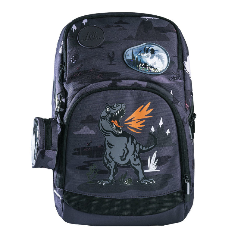 Frii of Norway backpack 20-25L in dark purple with a dinosaur print and expandable main compartment