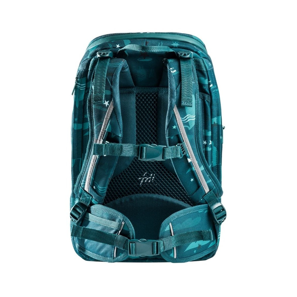Frii of Norway school backpack 20-25L in teal robot game pattern with padded shoulder straps and chest strap