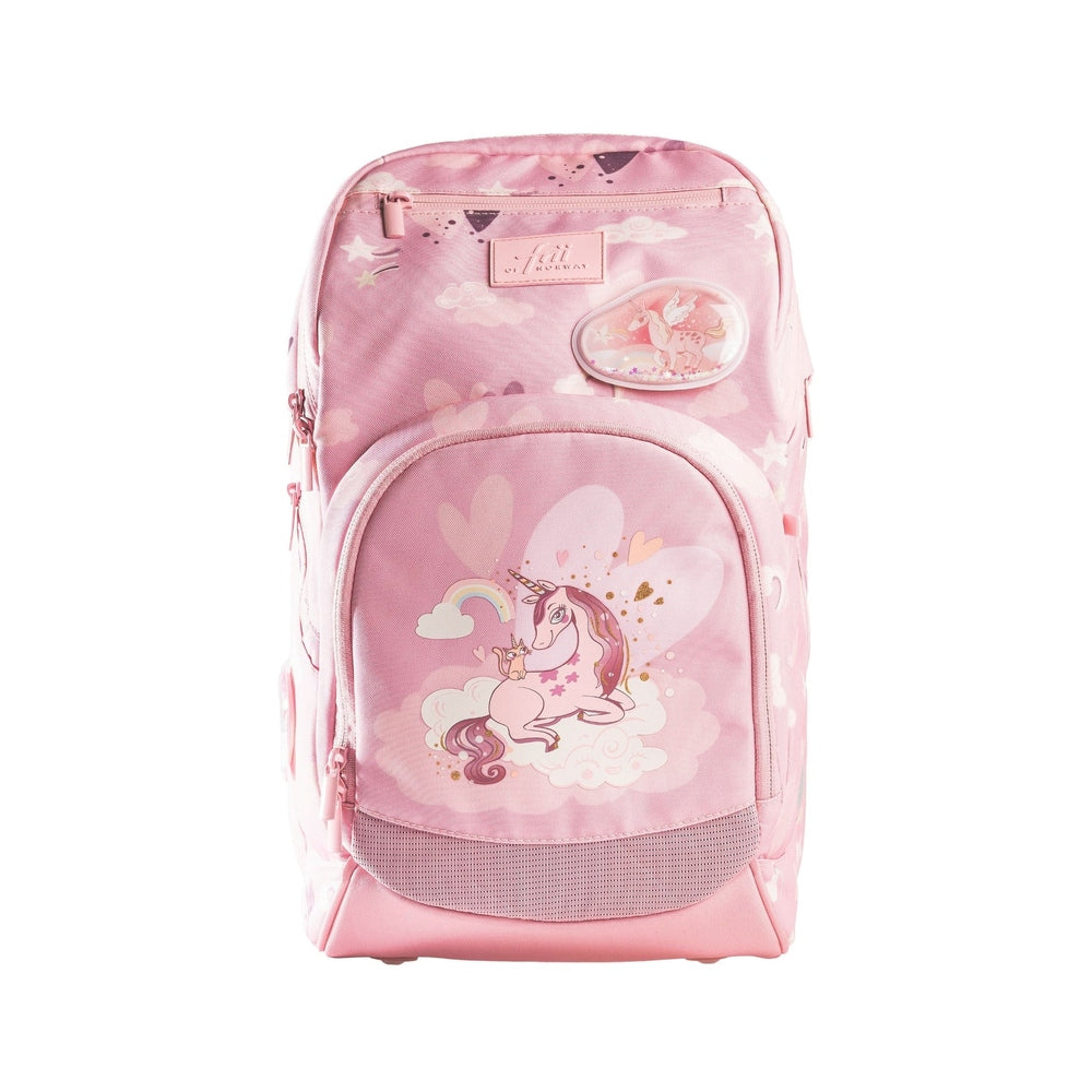 Backpack Frii of Norway unicorn 22-25L pink with pastel clouds and rainbow design