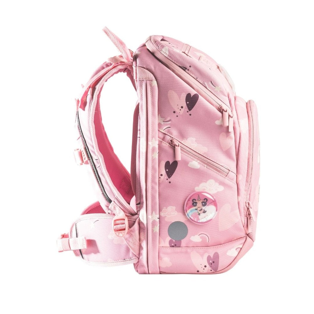 Frii of Norway unicorn school backpack, pink 22-25L expandable with hearts and clouds