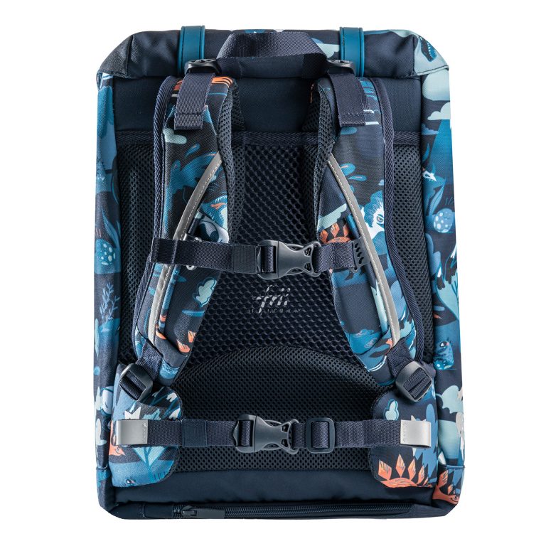 Frii Of Norway school backpack 22L with blue dinosaur print, padded mesh back, adjustable straps