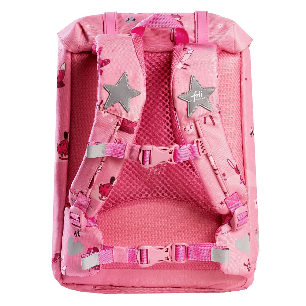 Frii of Norway school backpack pink 22L with star patches and buckled chest straps