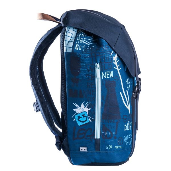 FRII OF NORWAY Frii school backpack 30L, blue graffiti design with front zip pocket and padded straps