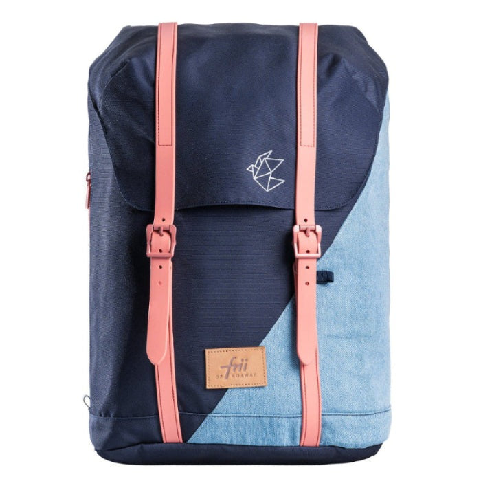 Frii of Norway 30L denim school backpack; navy body with light blue denim panel and pink straps