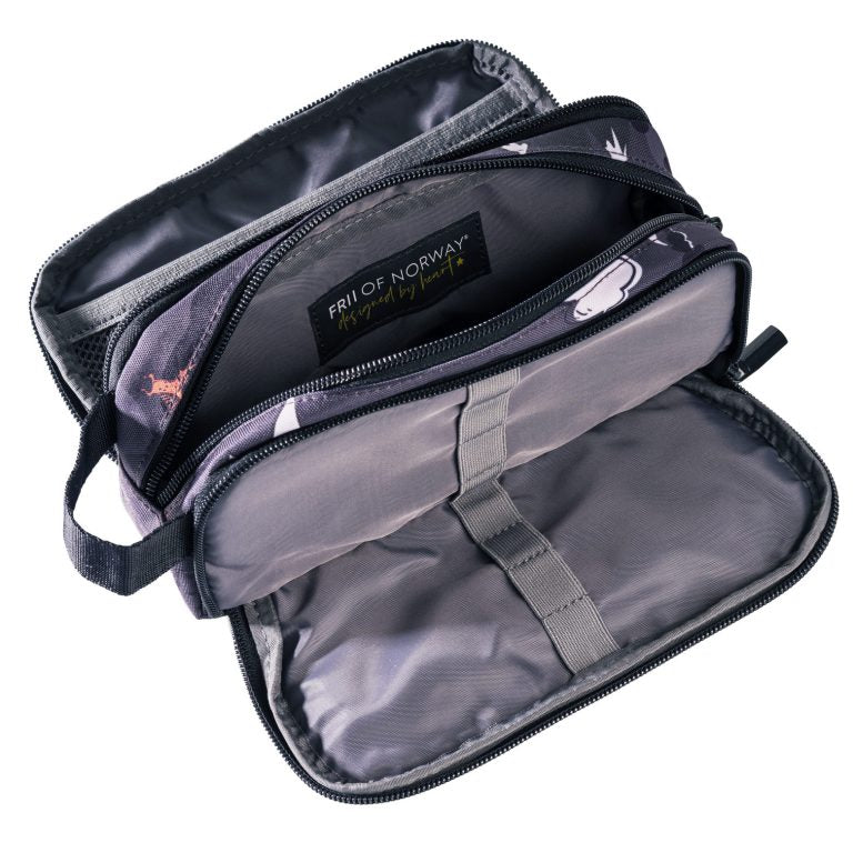 Frii Of Norway 3-layer dinosaur pencil case; purple exterior with gray lining and multiple compartments.