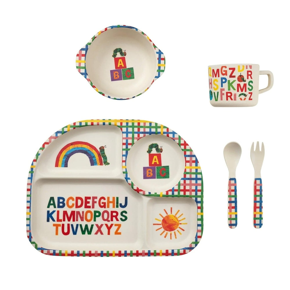 Five-piece kids bamboo dish set with rainbow-bordered plate, ABC bowl, alphabet cup, checkered-handle spoon and fork.