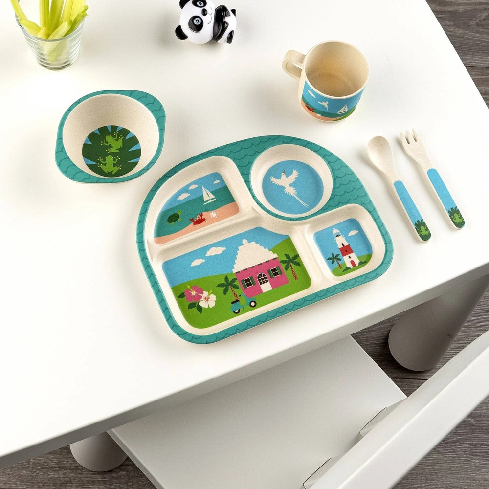 Teal bamboo kids' divided dish set with beach print; includes 3-compartment plate, bowl, cup, and blue-handled utensils.