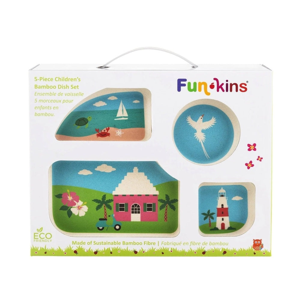 Five-piece bamboo kids dish set Bermuda in coastal scenes: curved beach plate, round turquoise bowl, pink-house plate, lighthouse plate.
