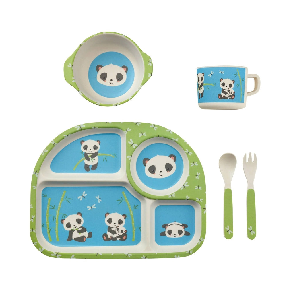 Kids bamboo dish set in green pattern with panda designs: divided plate, panda bowl, panda cup, green spoon and fork.
