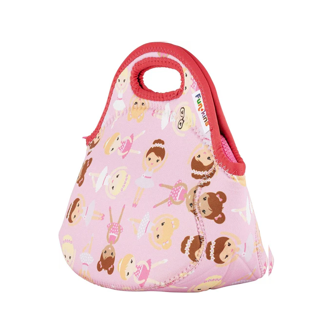Pink insulated lunch bag with ballet-dancer print and red trim.