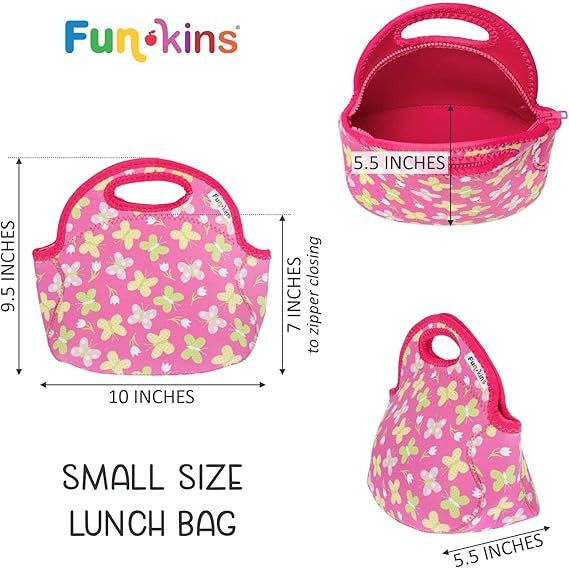 Pink insulated lunch bag with yellow flower pattern, pink interior, top handle cutout, 10x9.5x5.5 in