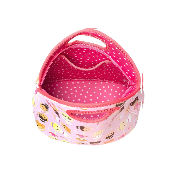 Pink insulated lunch bag with ballerina print, pink polka-dot interior and top handles.