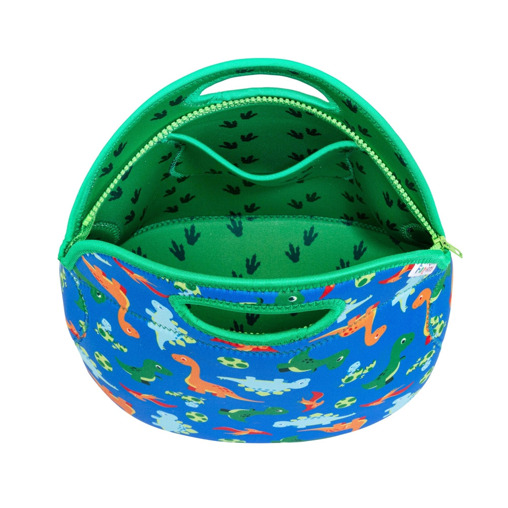 Round blue insulated lunch bag with dinosaur print, green interior and matching green zipper and handle.