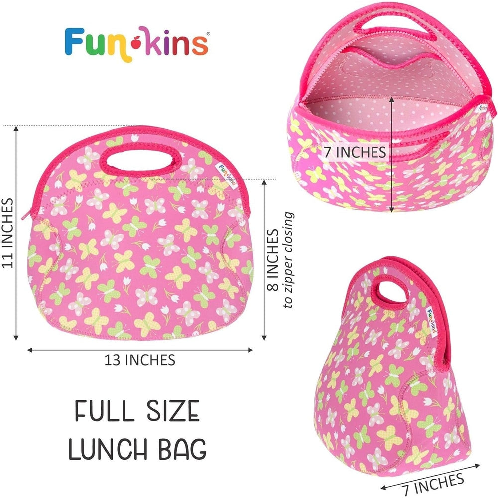 Pink insulated lunch bag with butterfly print, pink trim and built-in handle, zip closure.