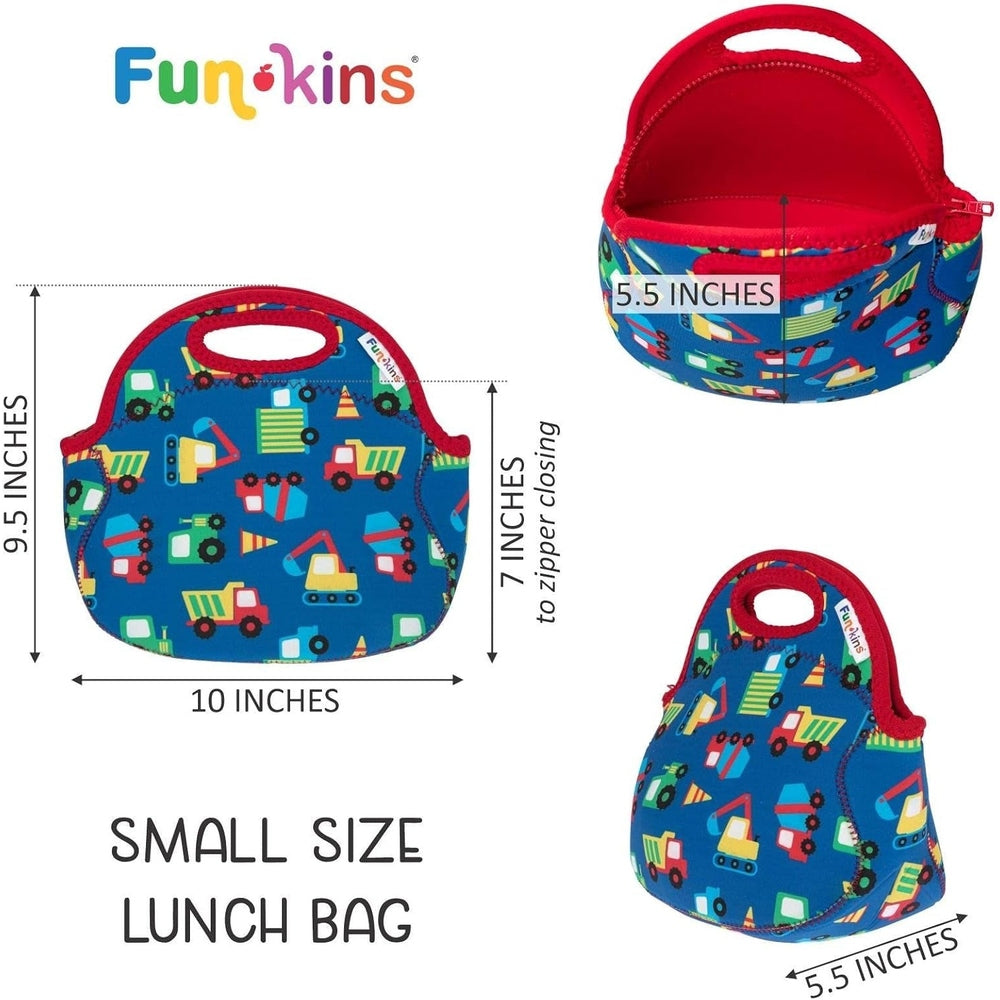 Small blue insulated lunch bag with red trim and handle; colorful construction trucks pattern.