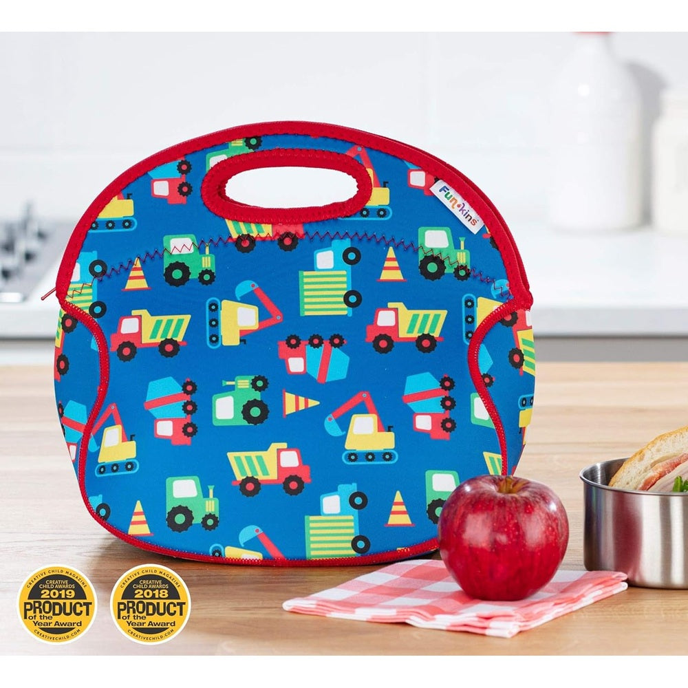 Blue insulated lunch bag with red trim and handle, construction-vehicle print.