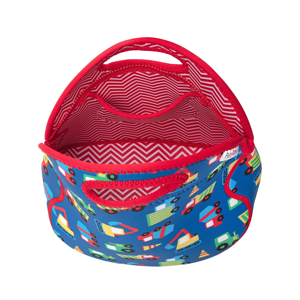 Blue insulated lunch bag with construction-vehicle print, red trim and handles, red chevron interior lining.