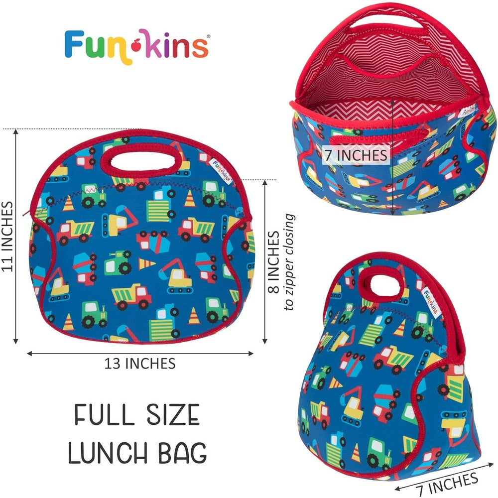 Blue insulated lunch bag with red trim and handle, all-over construction trucks print, red interior lining.