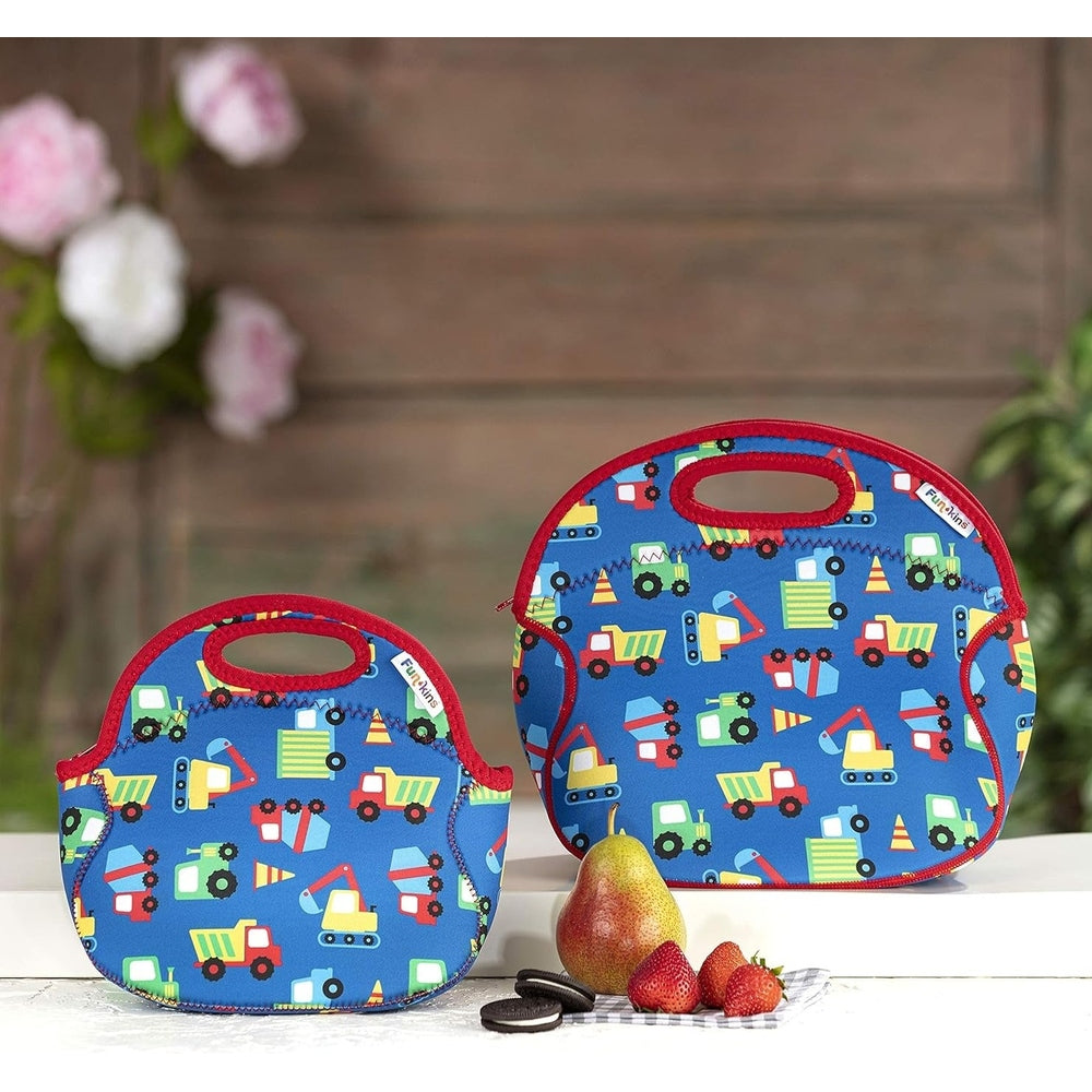 Blue insulated lunch bags with red trim and handles, colorful construction-vehicle print; small and large sizes.