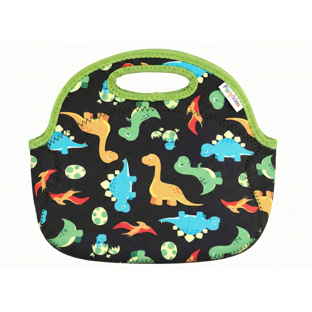 Black insulated lunch bag with lime-green trim and dinosaur print; built-in handle.
