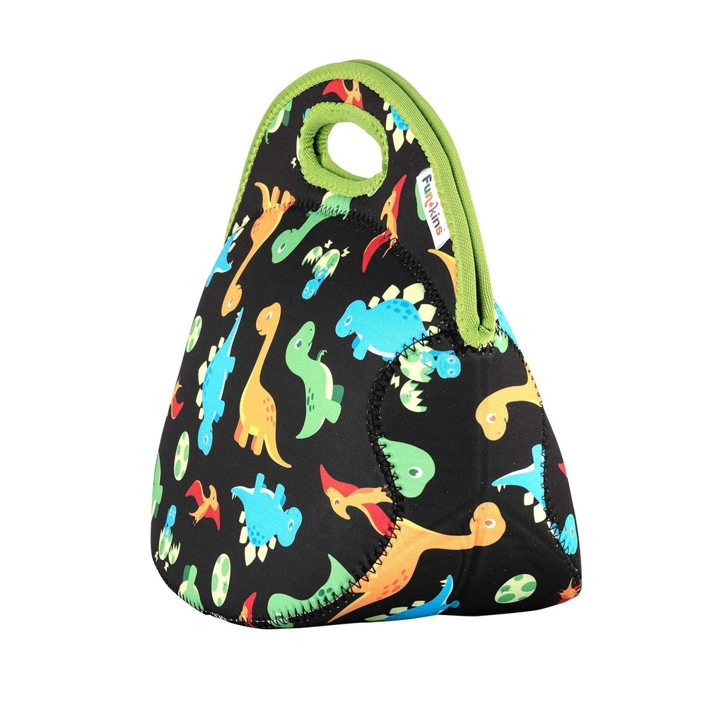 Black insulated lunch bag with colorful dinosaur print, lime-green trim and circular handle.