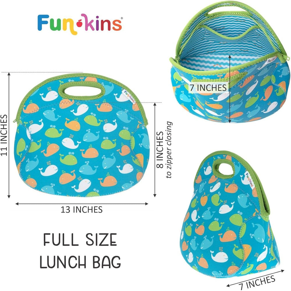 Funkins blue insulated lunch bag with dinosaur print, green zipper and handle.
