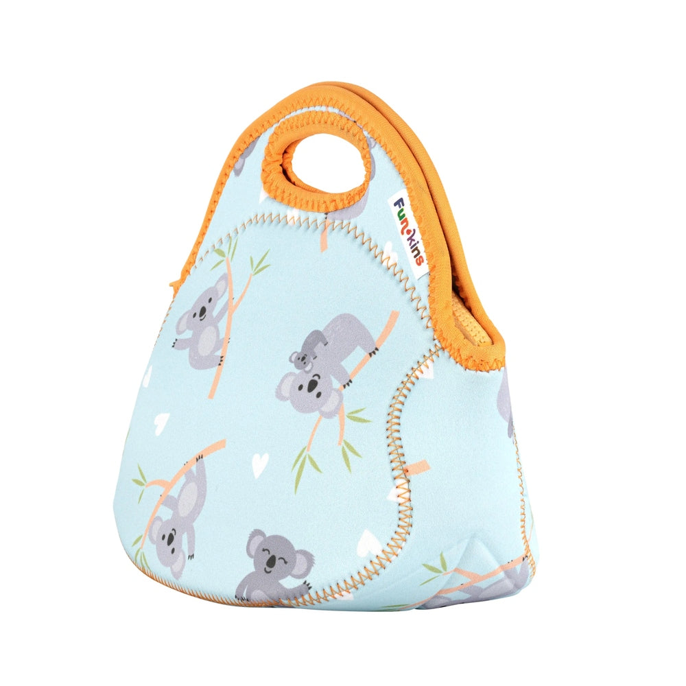 Insulated lunch bag with koala print, light blue body, orange zigzag trim and rounded top handle.