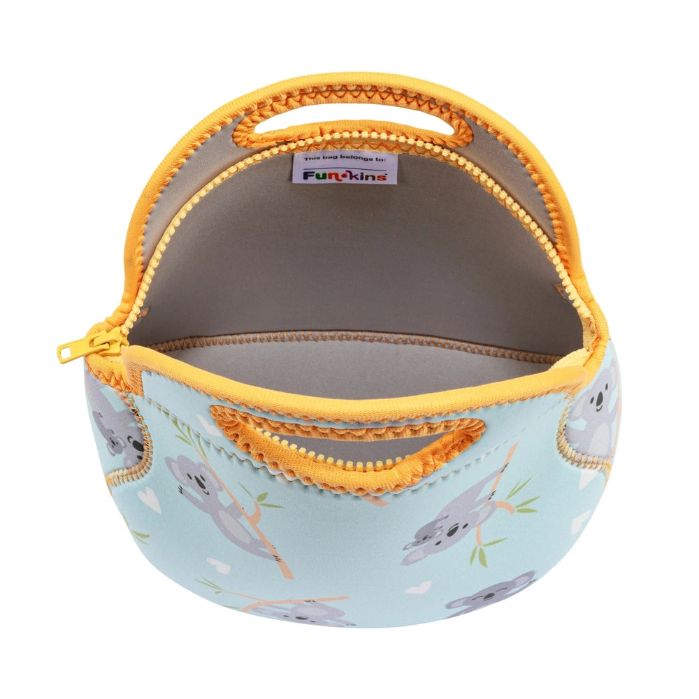 Insulated koala lunch bag in light blue with koala pattern, orange zipper and trim, grey interior and top handle.