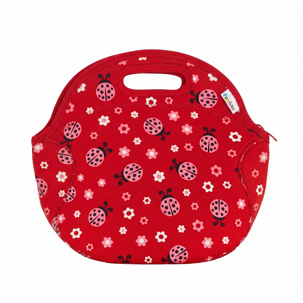 Red insulated lunch bag with pink ladybugs and white flowers pattern, zip closure, and built-in top handle.