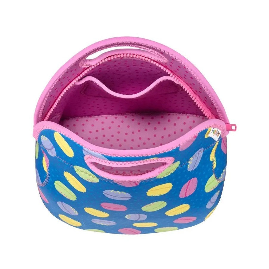 Funkins Insulated Lunch Bag Macarons in Blue with pink zipper and pink polka-dot lining