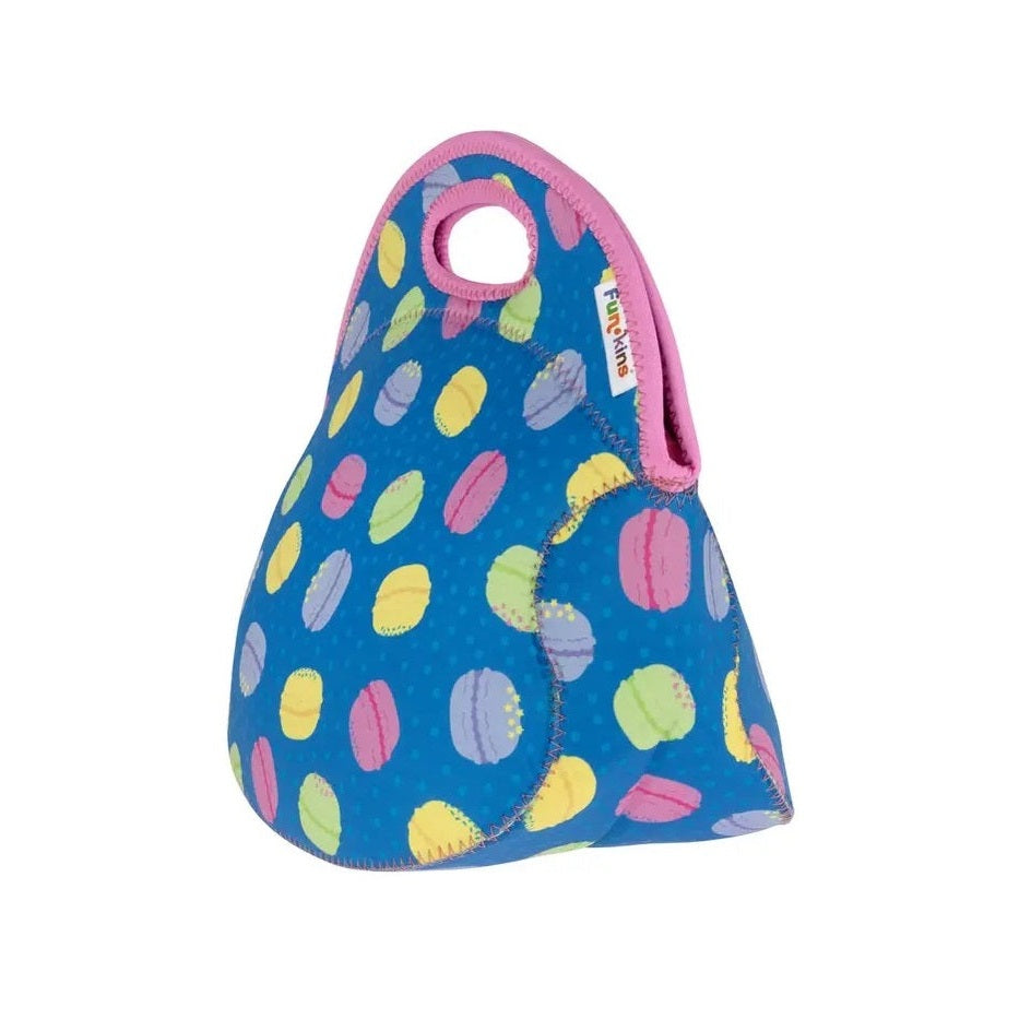 Funkins Macarons Insulated Lunch Bag in Blue with pink trim and multicolor macarons print.