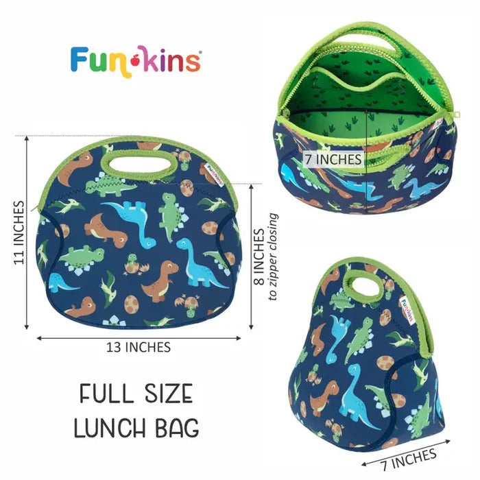 Funkins Insulated Lunch Bag Macarons Lunch Bag in Navy with dinosaur print and lime-green zipper, open interior view