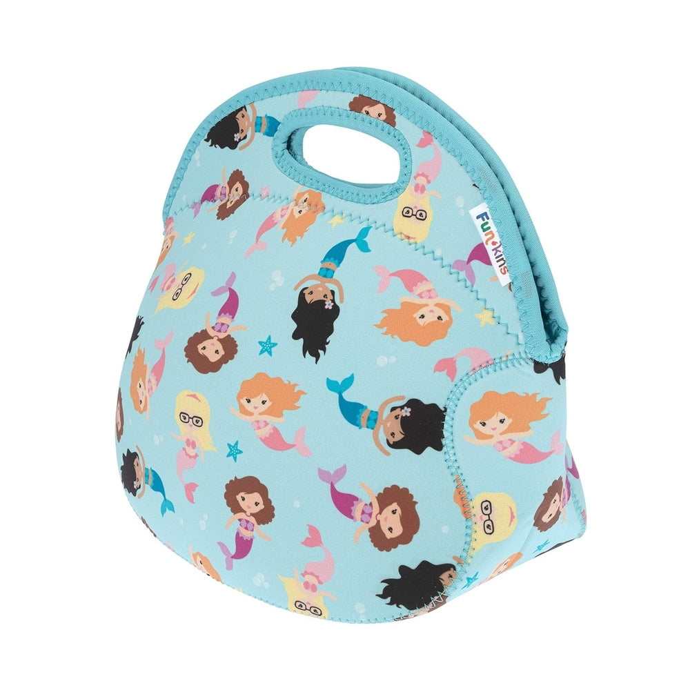 Light-blue insulated lunch bag with teal trim and mermaid pattern, top handle cutout.