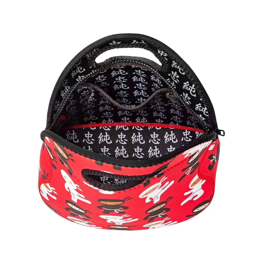 Red insulated lunch bag with ninja pattern; black interior with white kanji print, red zipper and top handle.