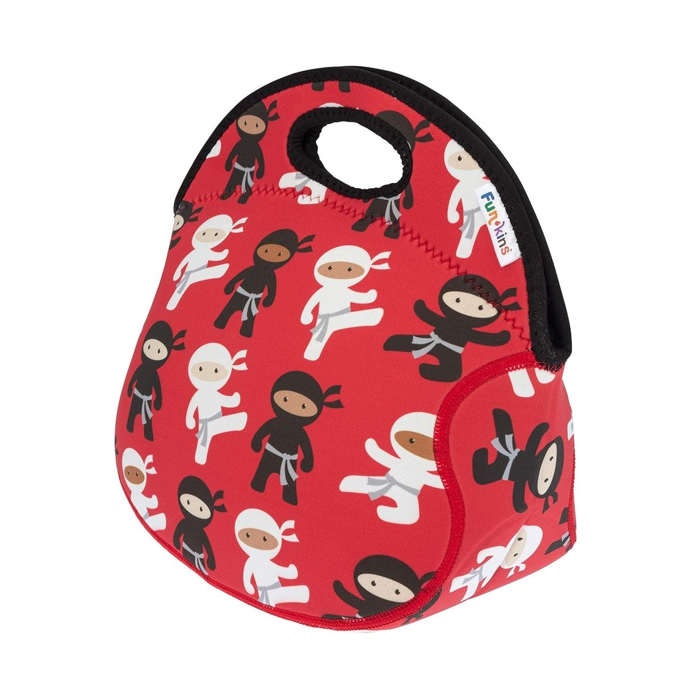 Red insulated neoprene lunch bag with ninja pattern in black, white, and brown.