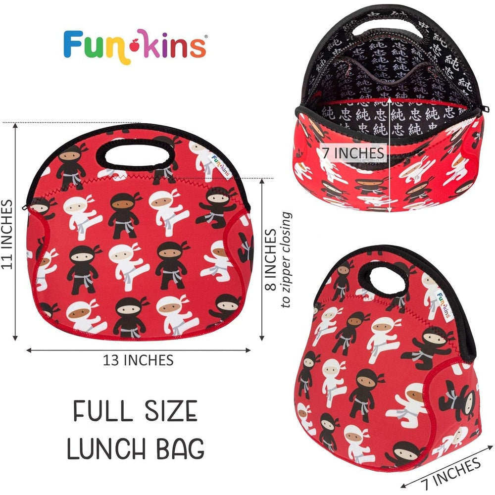 Red Funkins insulated lunch bag with ninja silhouettes pattern, black zipper and top handle.