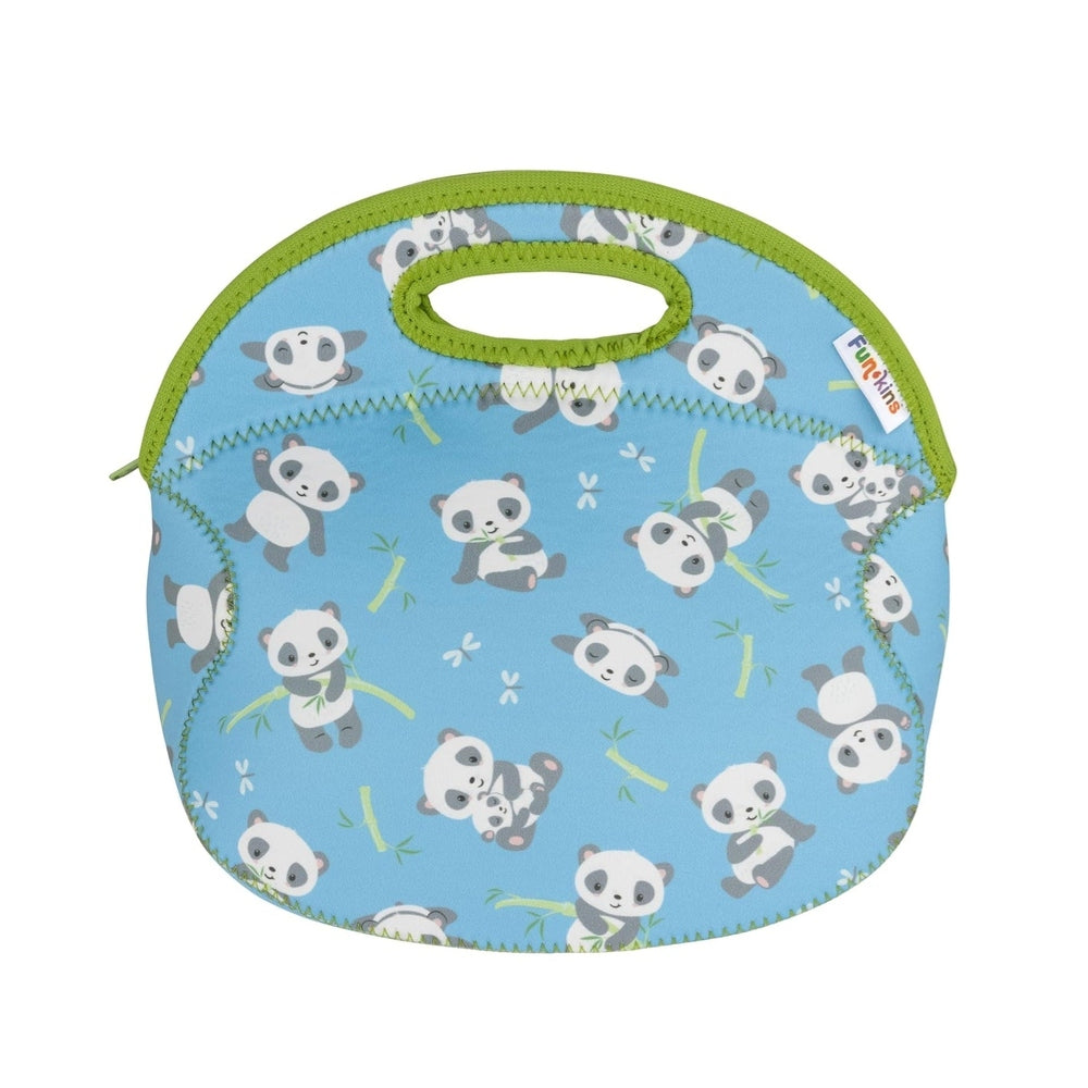 Blue insulated lunch bag with panda pattern, green zipper and handle.