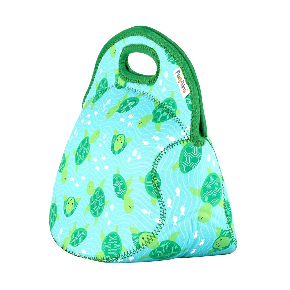 Aqua insulated lunch bag with green sea turtle pattern and built-in green handle.