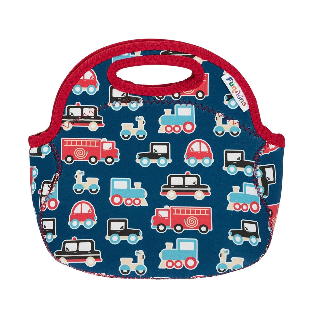 Blue insulated lunch bag with red trim and handle; transport pattern with trains and cars.