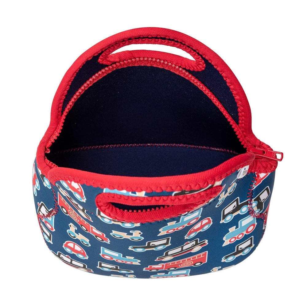 Insulated fabric lunch bag for kids, navy with red zipper and handles, transportation pattern of cars and trucks.