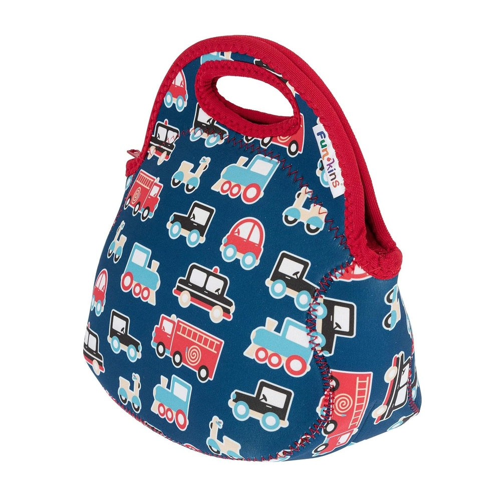 Blue insulated lunch bag with red trim and loop handle, featuring toy-vehicle print.