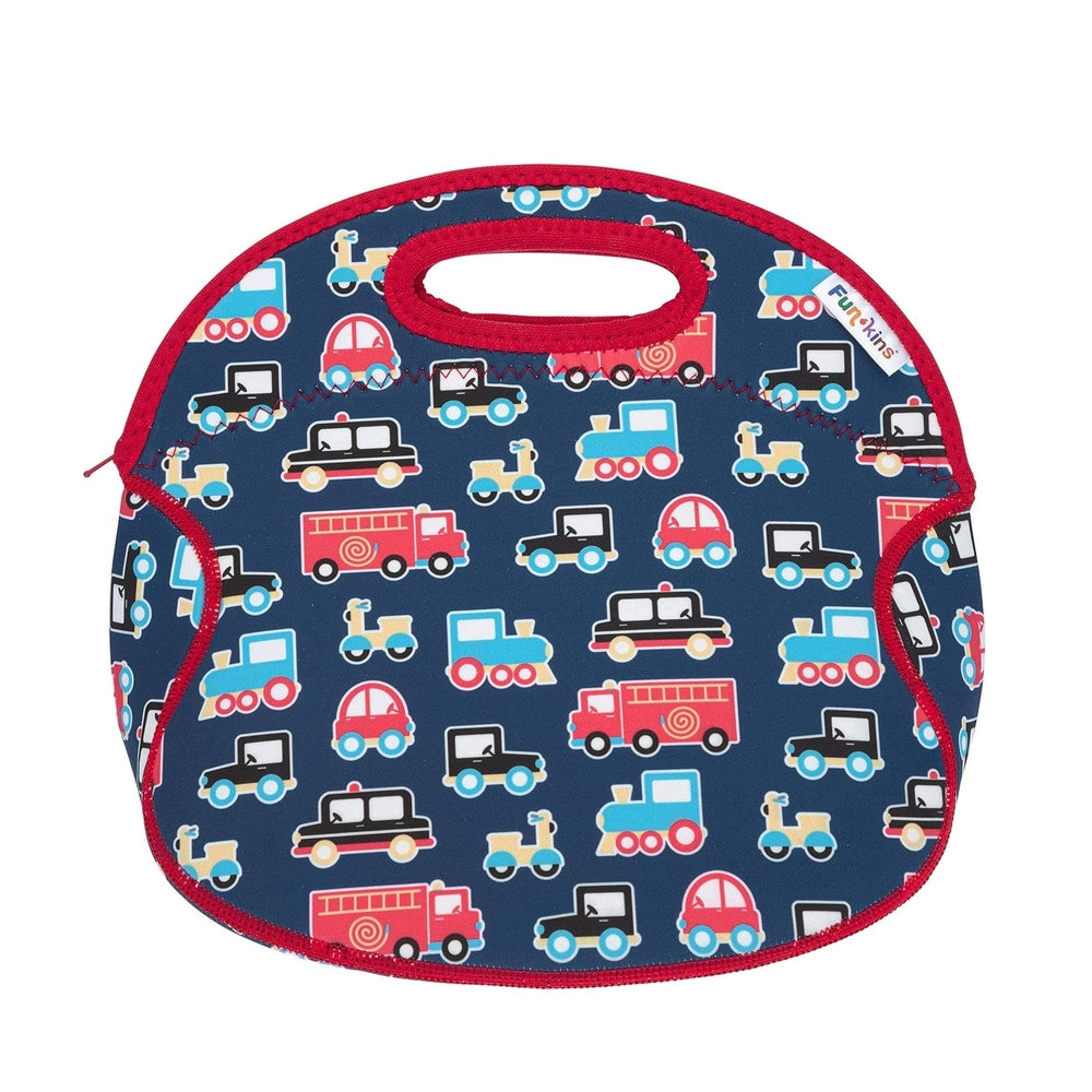 Round navy insulated lunch bag with red zipper and handle, featuring colorful toy cars and trains pattern.