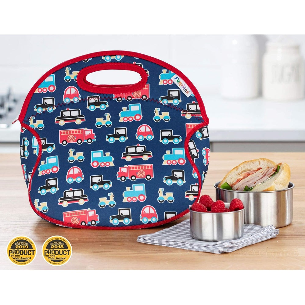 Blue insulated lunch bag with red trim and vehicle pattern; round shape with built-in handle.