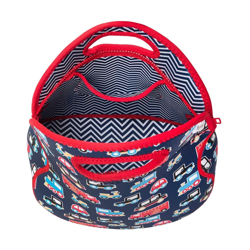 Fabric insulated lunch bag in navy with red trim and vehicle print; chevron-lined interior.