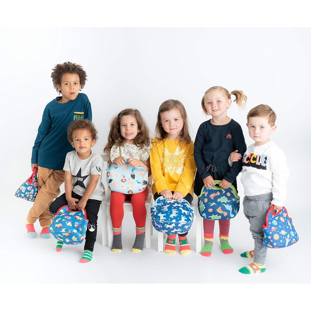 Group of kids holding colorful insulated lunch bags with transportation patterns.