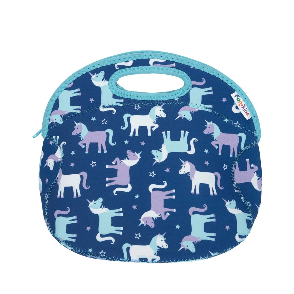 Insulated unicorn lunch bag, navy blue with pastel unicorn print, teal trim and handle cut-out, zip closure.