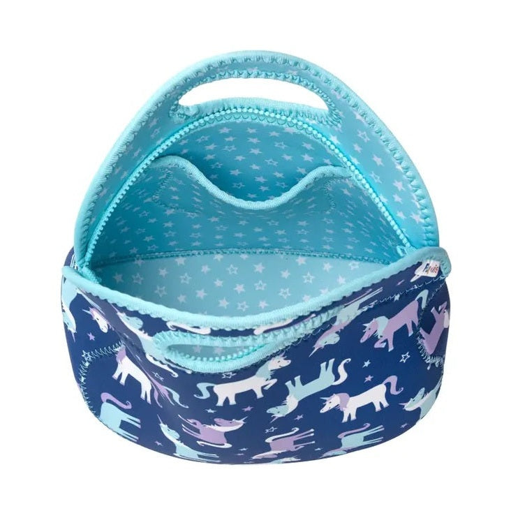 Insulated lunch bag: navy with pastel unicorn print, turquoise trim and handle, light blue starry interior.