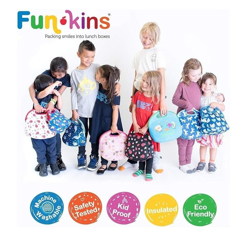 Group of kids holding multicolor unicorn-pattern insulated lunch bags.