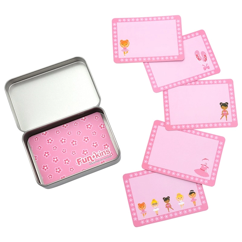 Funkins Lunchbox Note Cards in Pink with flower-border designs and cute girl illustrations in a metal tin